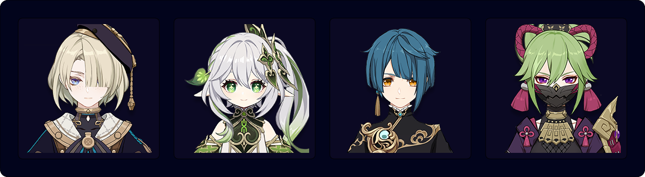 Freminet — Nahida — Xingqiu — Kuki Shinobu