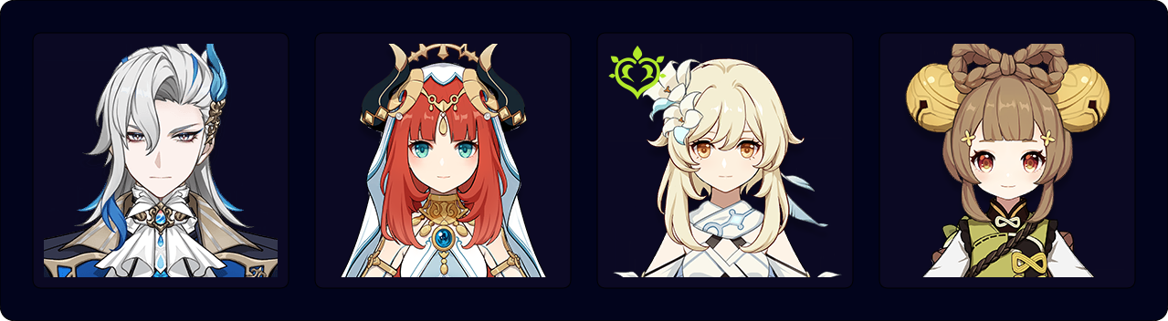 Neuvillette — Nilou — Dendro Traveler — Yaoyao