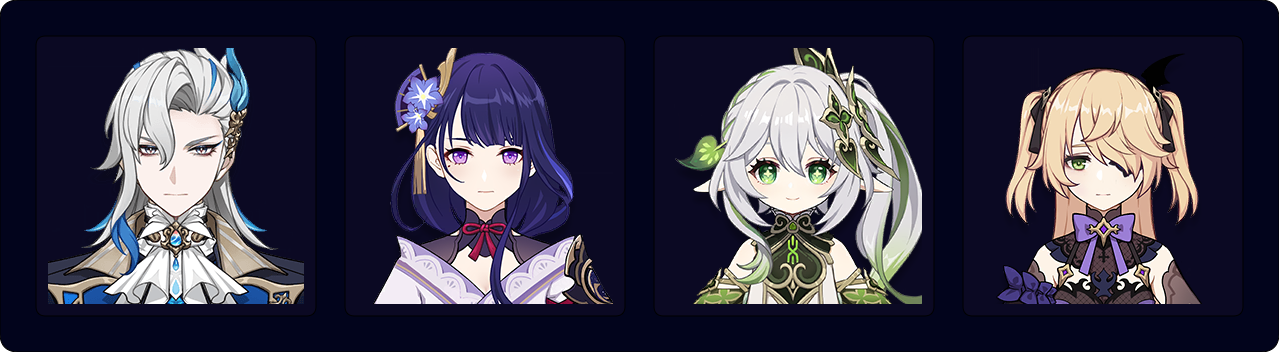 Neuvillette — Raiden — Nahida — Fischl