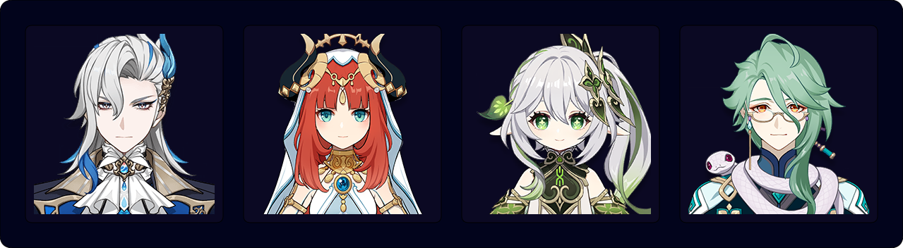 Neuvillette — Nilou — Nahida — Baizhu