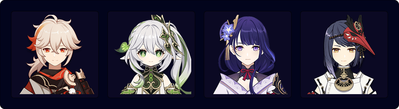 Kazuha — Nahida — Raiden — Sara