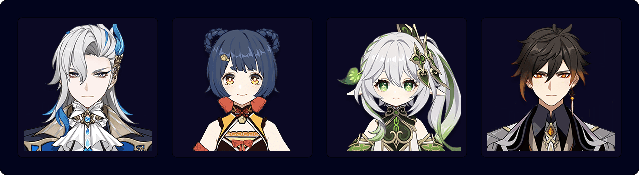 Neuvillette — Xiangling — Nahida — Zhongli