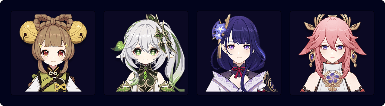 Yaoyao — Nahida — Raiden — Yae
