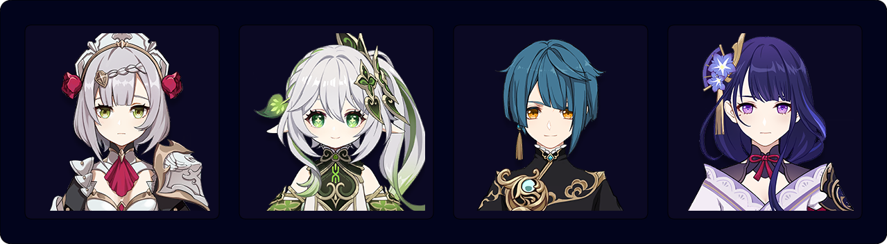 Noelle — Nahida — Xingqiu — Raiden