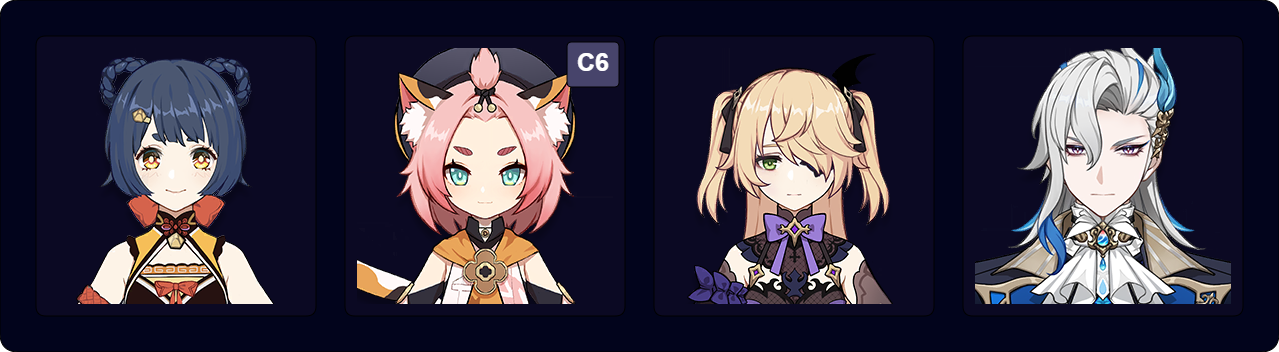 Xiangling — Diona (C6) — Fischl — Neuvillette