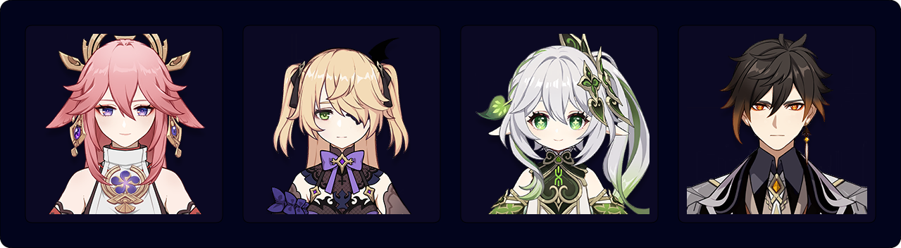 Yae — Fischl — Nahida — Zhongli
