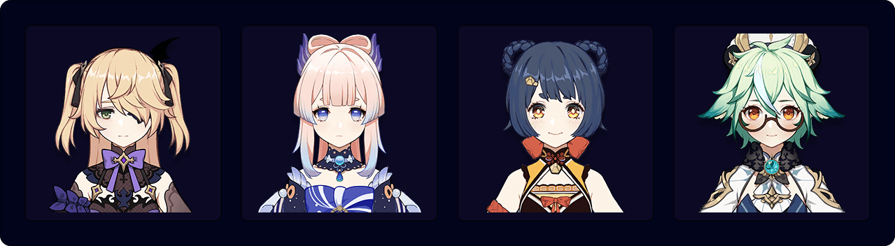 Fischl — Kokomi — Xiangling — Sucrose