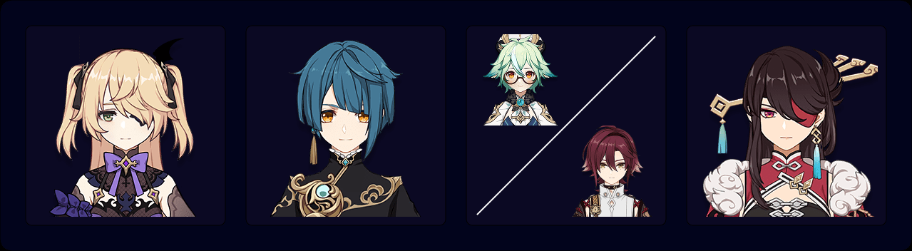 Fischl — Xingqiu — Sucrose / Heizou — Beidou