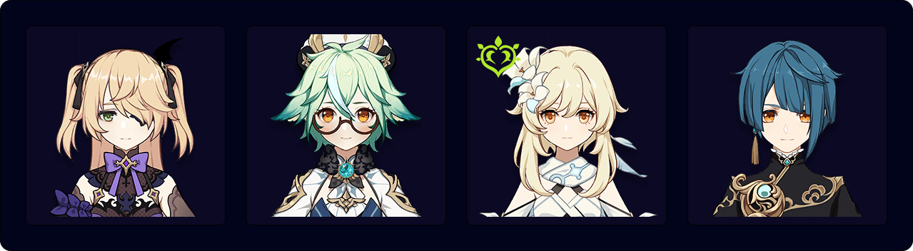 Fischl — Sucrose — Dendro Traveler — Xingqiu