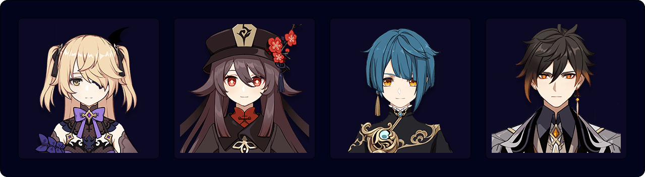 Fischl — Hu Tao — Xingqiu — Zhongli