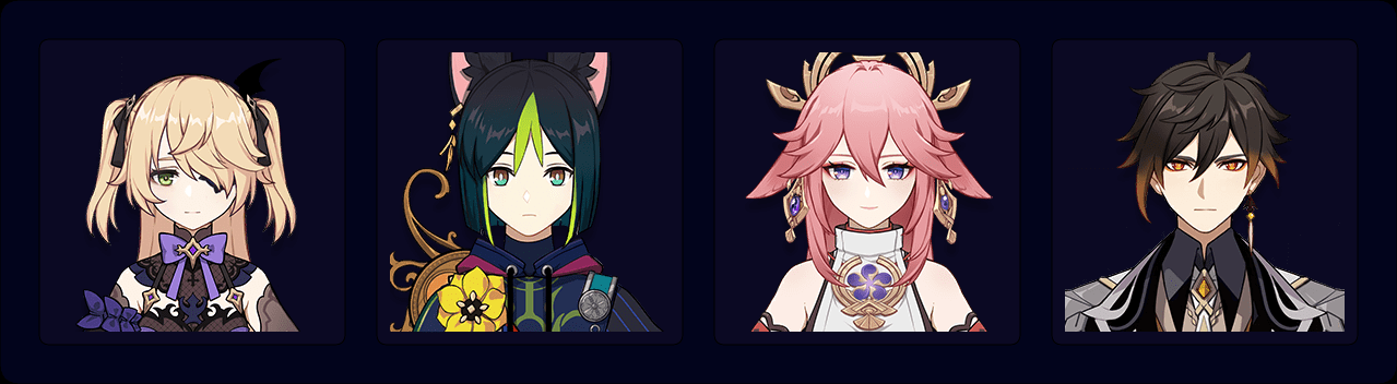 Fischl — Tighnari — Yae — Zhongli