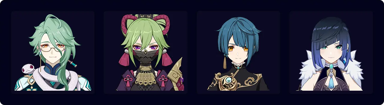 Baizhu — Kuki Shinobu — Xingqiu — Yelan