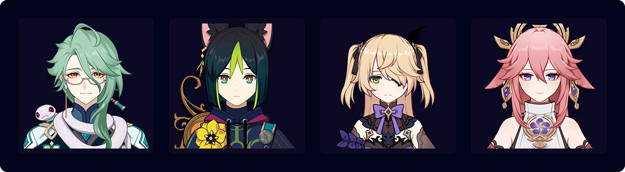 Baizhu — Tighnari — Fischl — Yae Miko