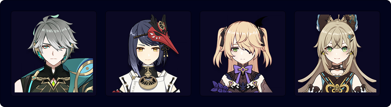 Alhaitham — Sara — Fischl — Kirara