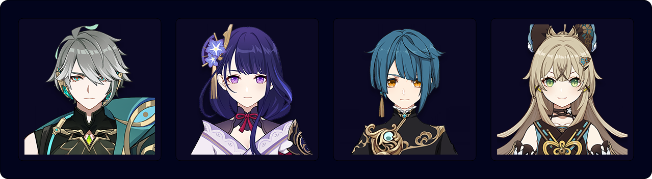 Alhaitham — Raiden — Xingqiu — Kirara