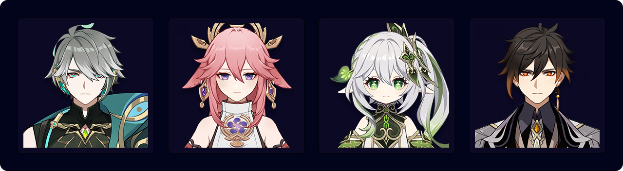 Alhaitham — Yae Miko — Nahida — Zhongli