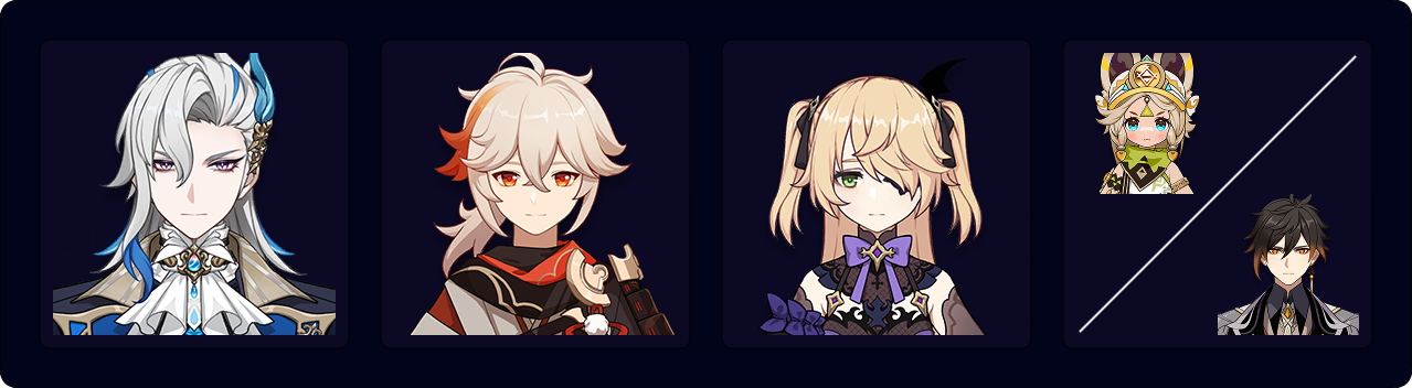 Neuvillette — Kazuha — Fischl — Kachina / Zhongli