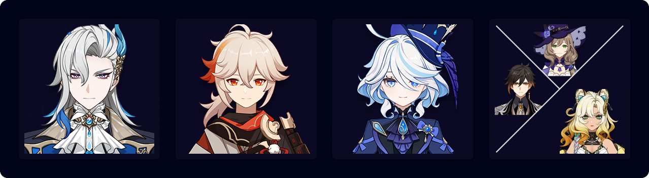 Neuvillette — Kazuha — Furina — Xilonen / Zhongli / Lisa