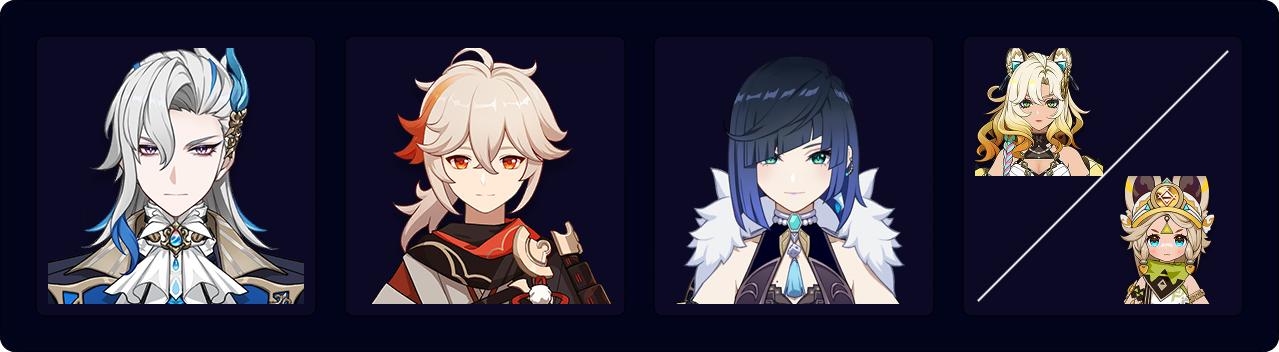 Neuvillette — Kazuha — Yelan — Xilonen / Kachina