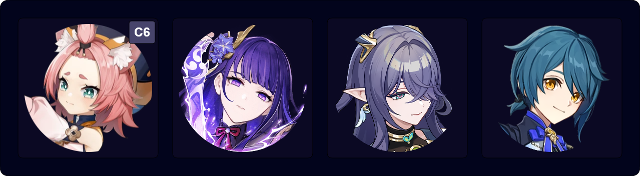 C6 Diona — Raiden — Lauma — Xingqiu