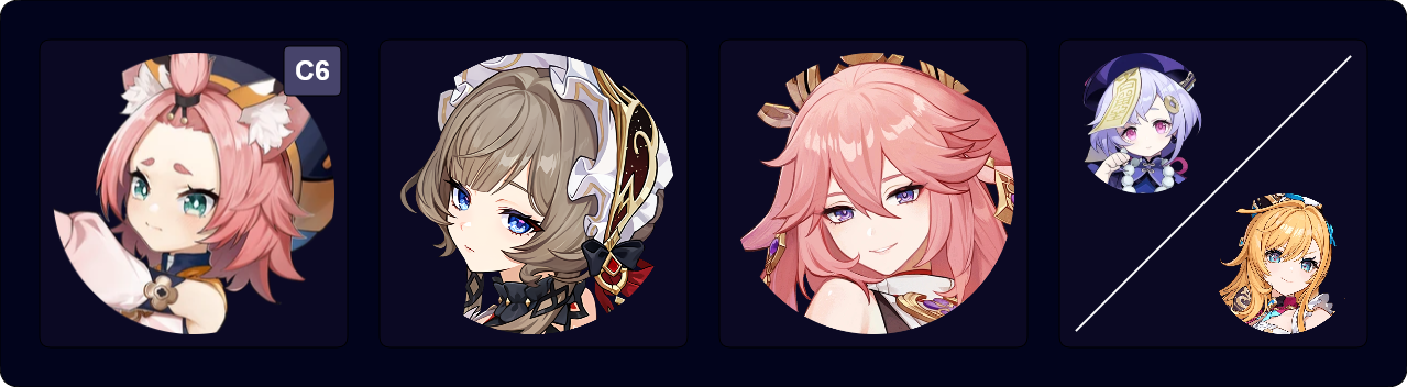 C6 Diona — Sandrone — Yae Miko — Qiqi / Escoffier